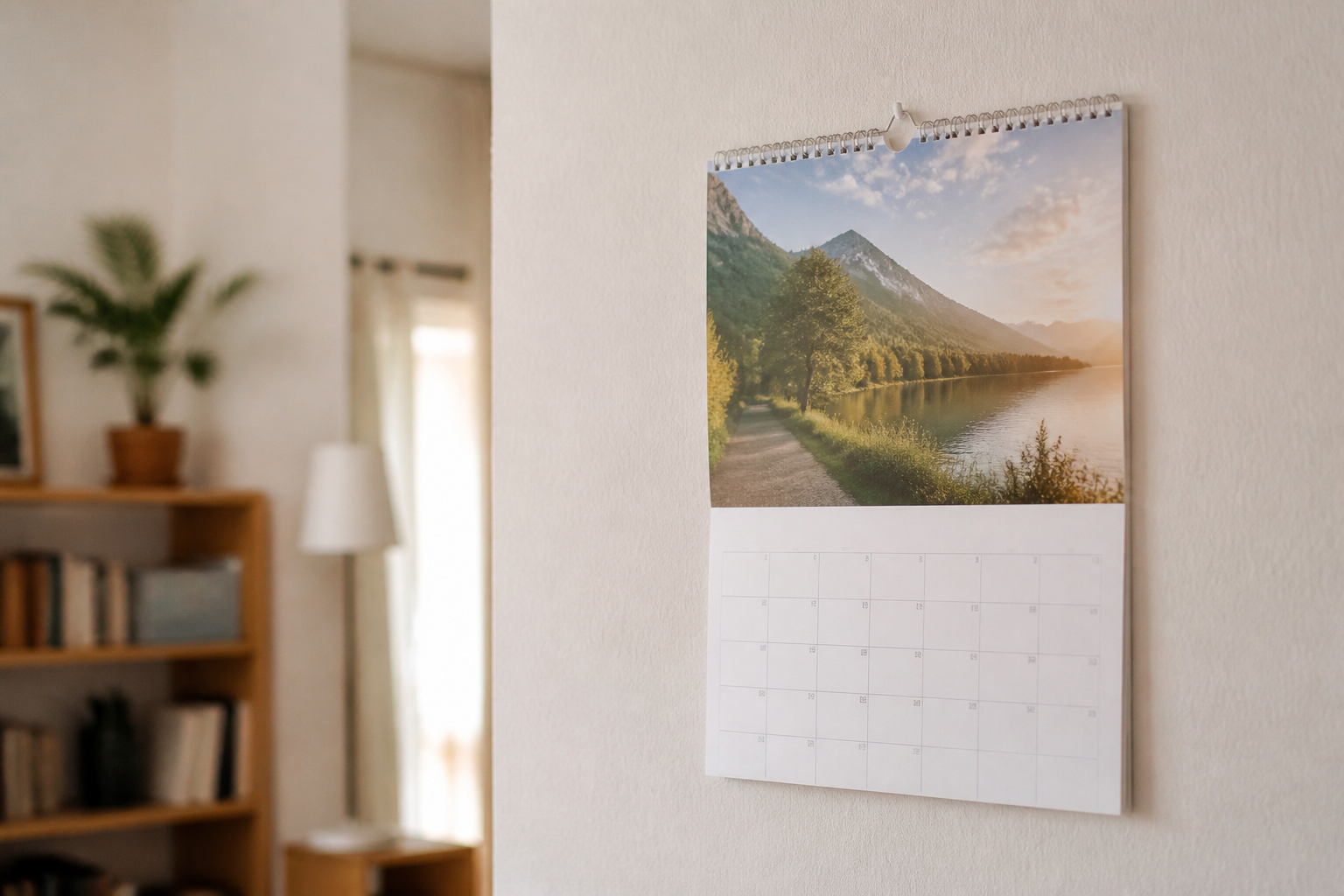 Un calendrier photo mural à reliure spirale accroché à un mur clair, ouvert sur une photo de paysage.