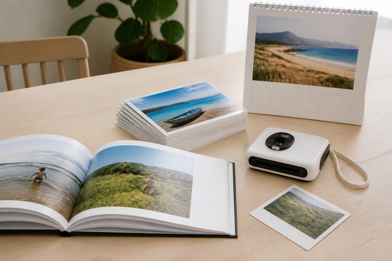 Un livre photo, une pile de tirages, un calendrier mural et un appareil instantané disposés sur une grande table claire.