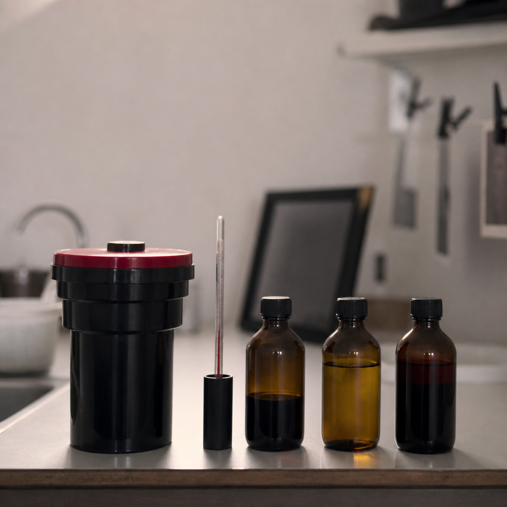 Une cuve de développement, un thermomètre et trois flacons de chimie alignés sur une paillasse d'évier.