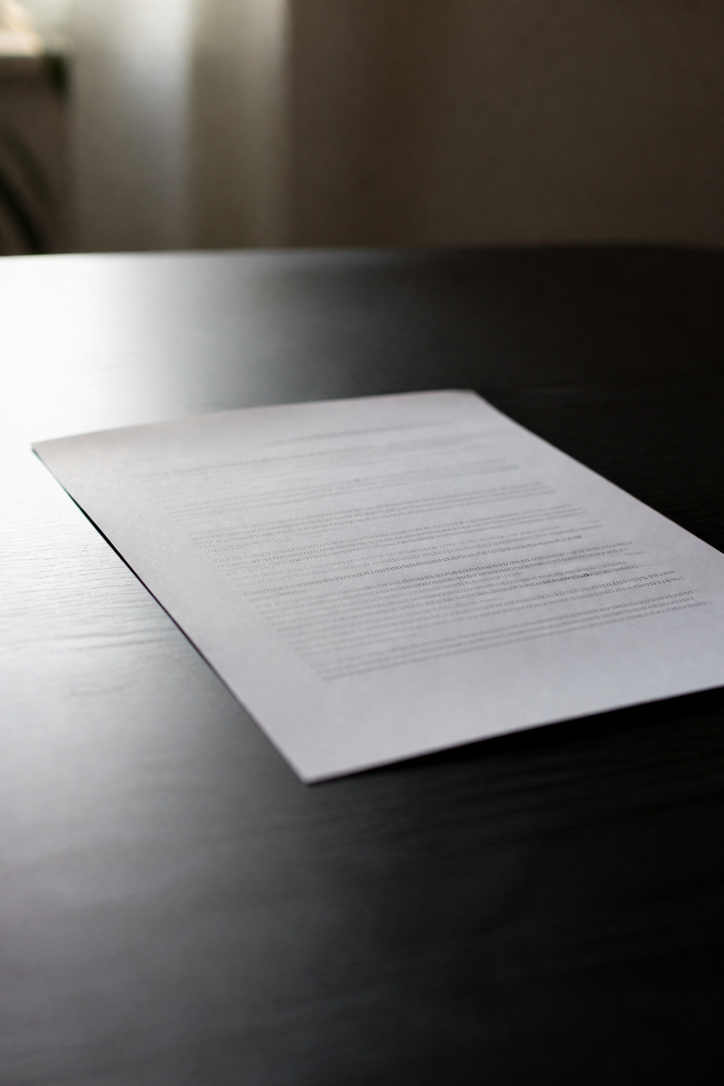 Une feuille de papier imprimée posée sur une table sombre, éclairée en lumière rasante.