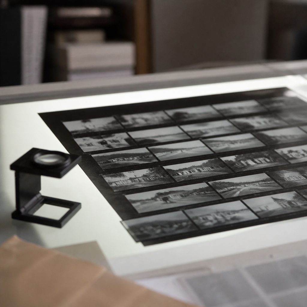 Planche contact argentique noir et blanc posée sur une table lumineuse, une loupe de visée à côté.